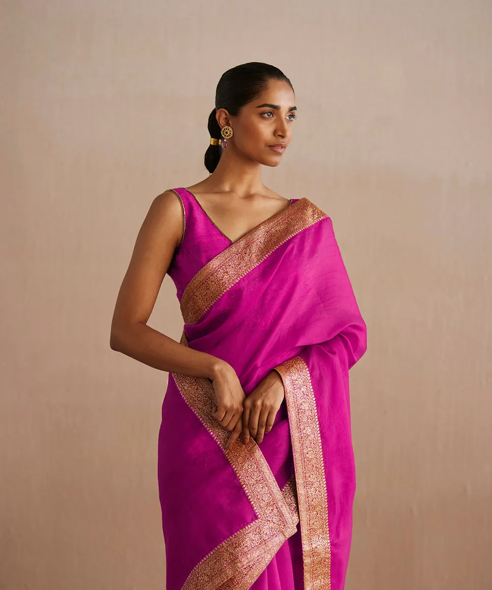 Handloom Hot Pink Organza Saree With Handwoven Banarasi Border with Badla Zari