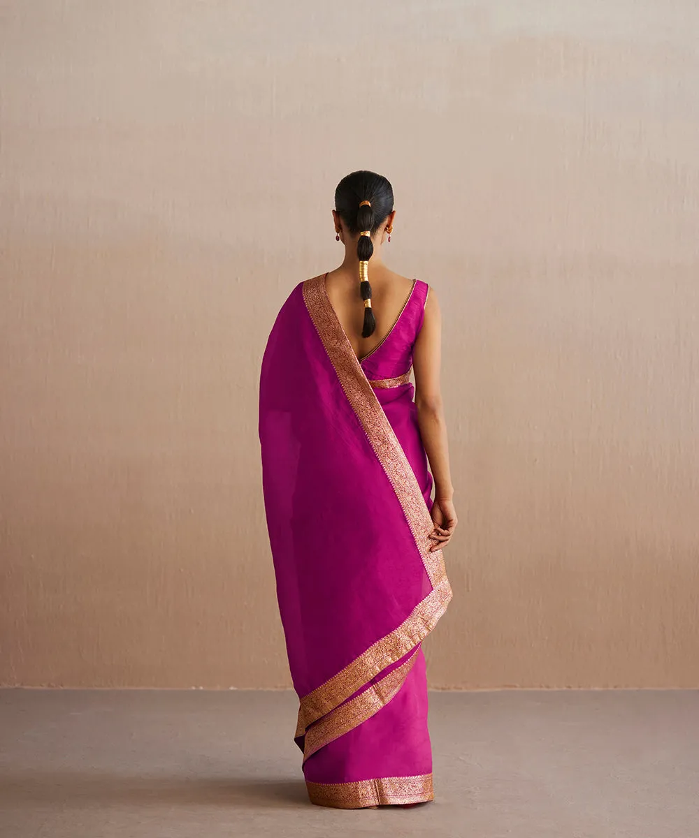 Handloom Hot Pink Organza Saree With Handwoven Banarasi Border with Badla Zari