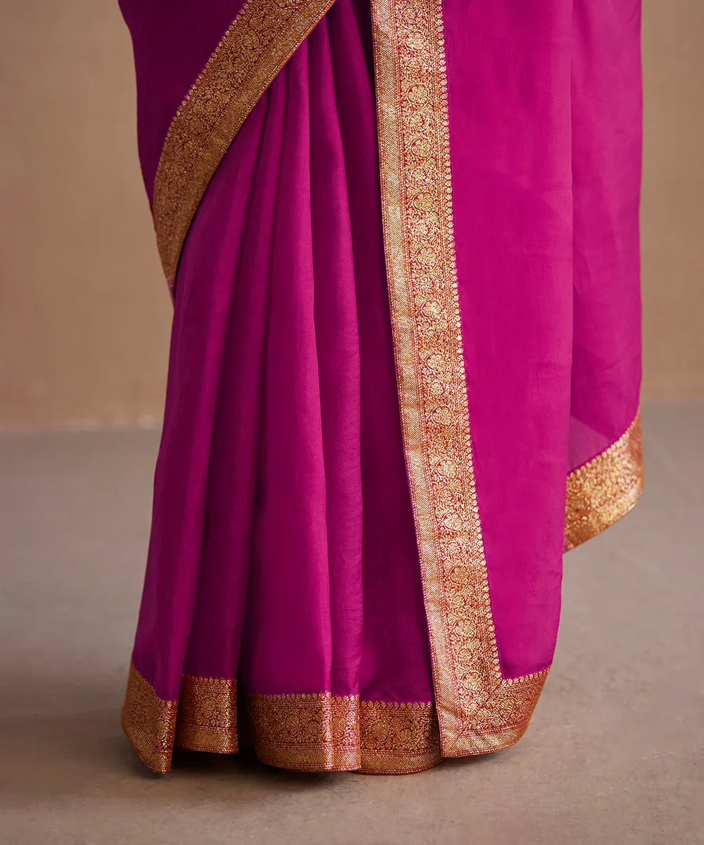 Handloom Hot Pink Organza Saree With Handwoven Banarasi Border with Badla Zari