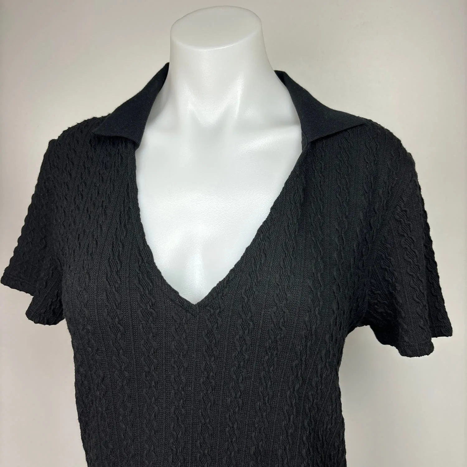 H&M Black Textured Collar V Neck Short Sleeve Mini Sweater Shirt Dress Size  XL