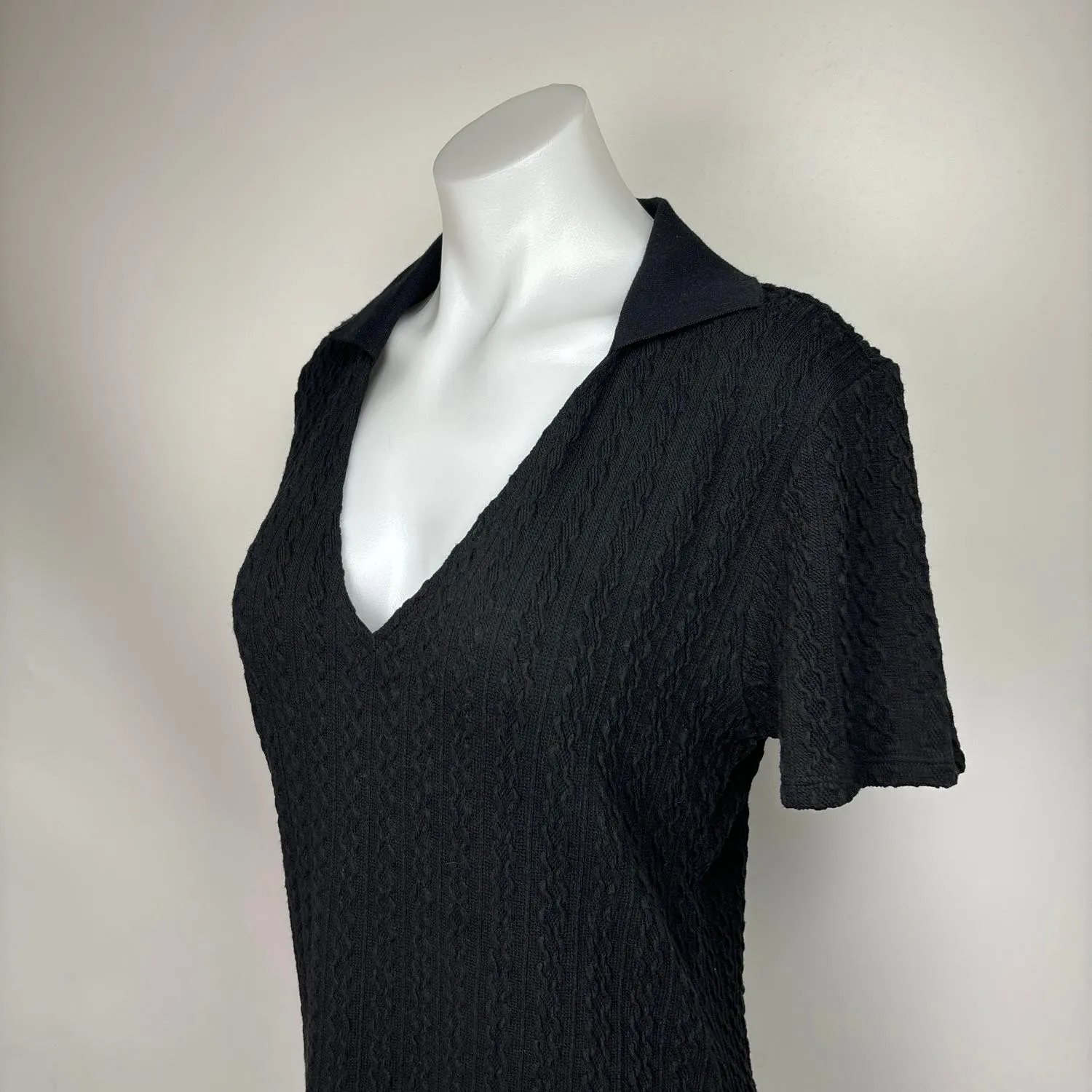 H&M Black Textured Collar V Neck Short Sleeve Mini Sweater Shirt Dress Size  XL