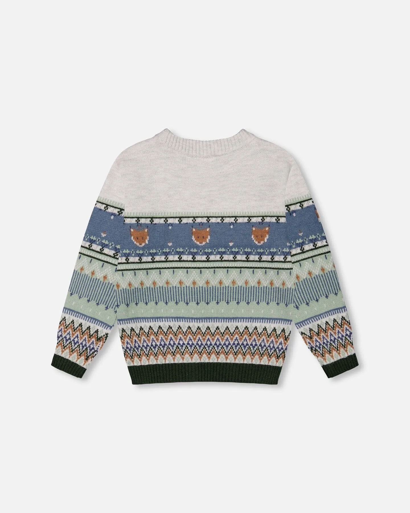 Jacquard Sweater With Fox Beige, Blue And Green