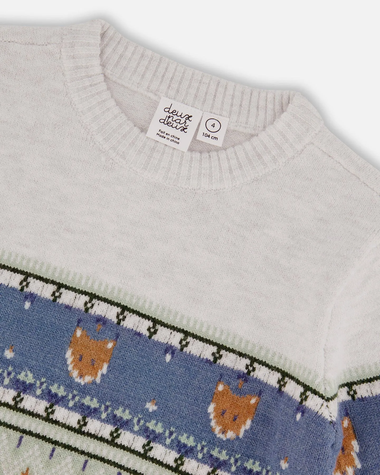 Jacquard Sweater With Fox Beige, Blue And Green