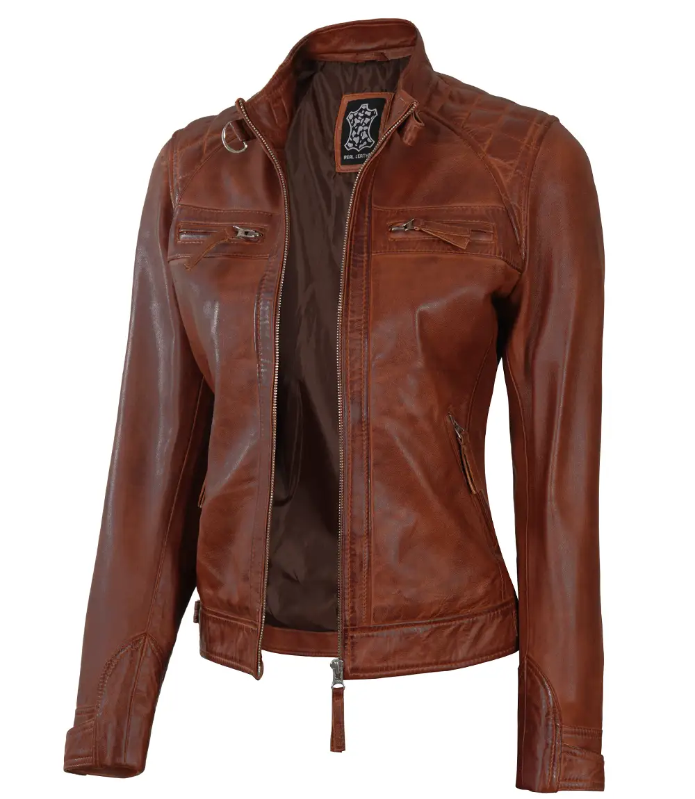 Johnson Women Cognac Quilted Cafe Racer Leather Jacket