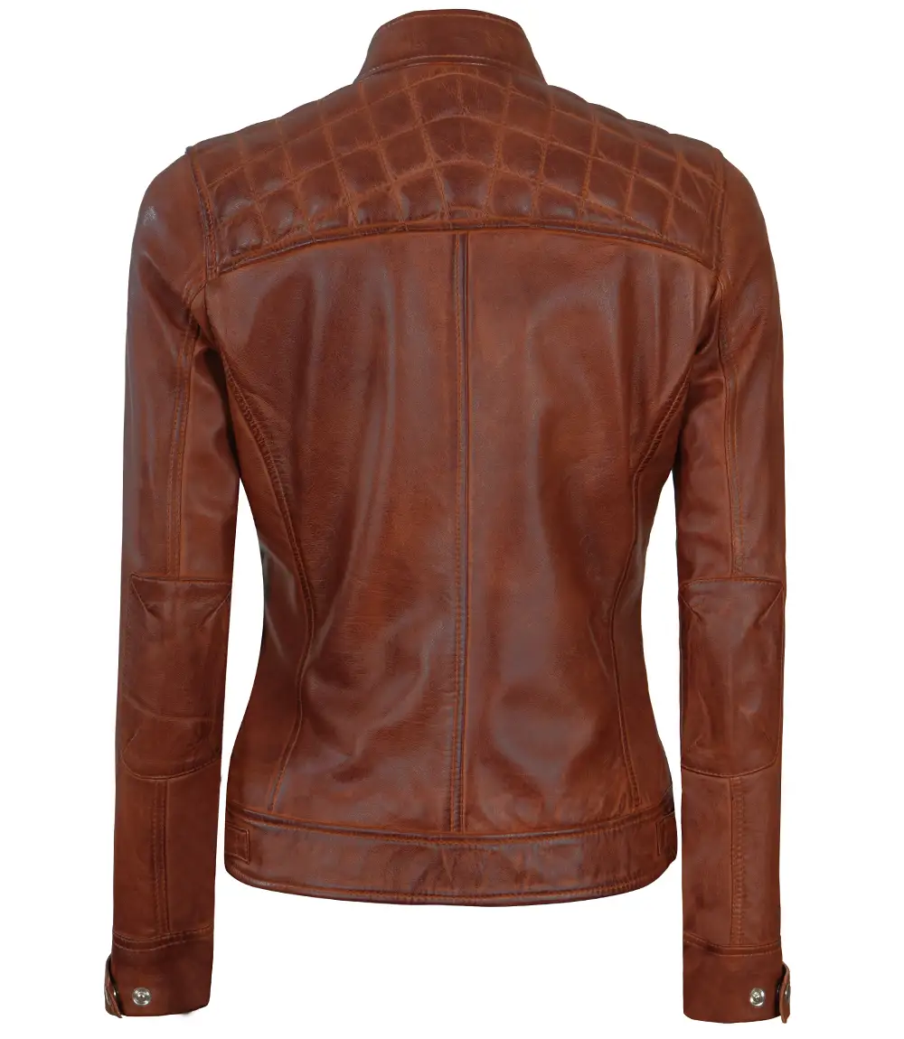 Johnson Women Cognac Quilted Cafe Racer Leather Jacket