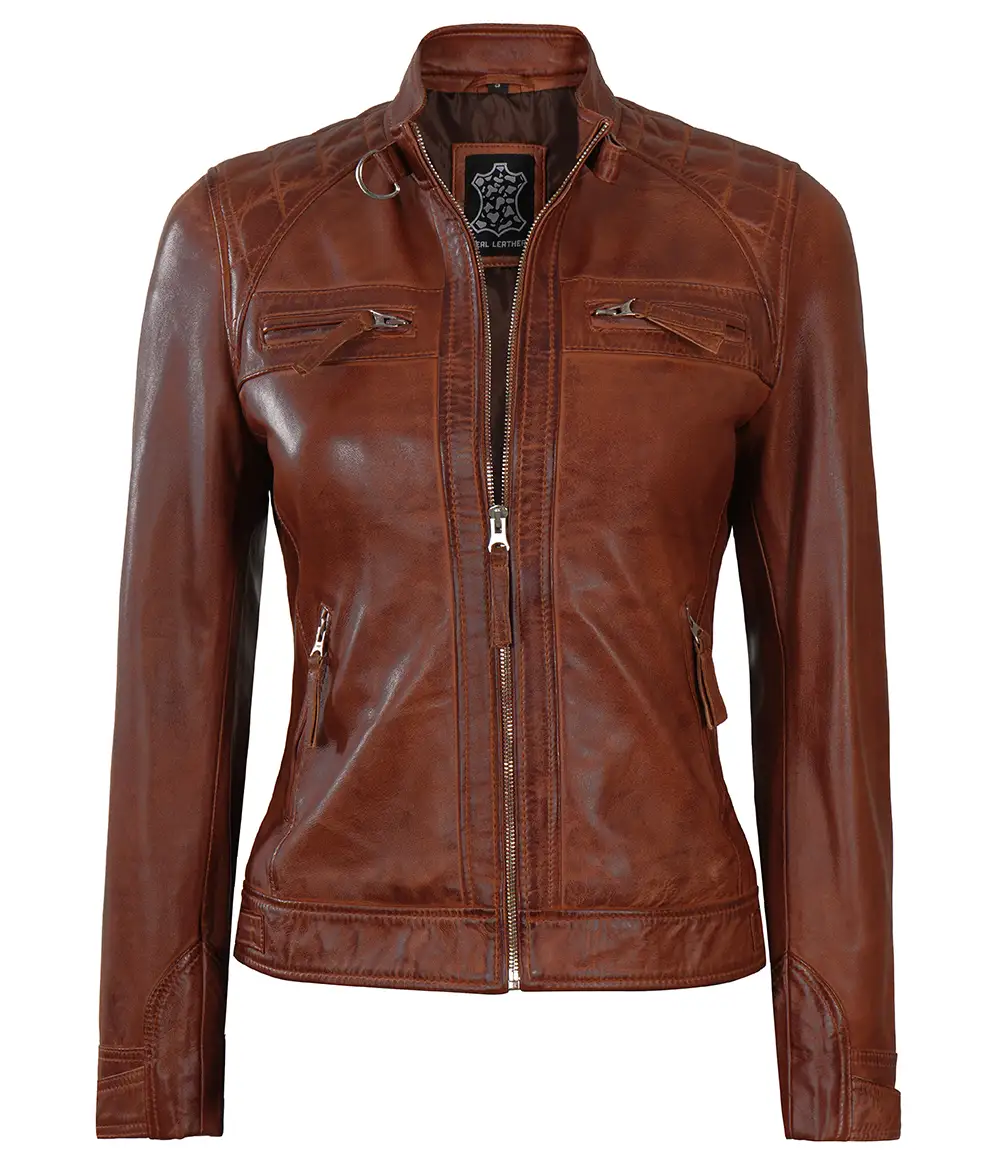 Johnson Women Cognac Quilted Cafe Racer Leather Jacket