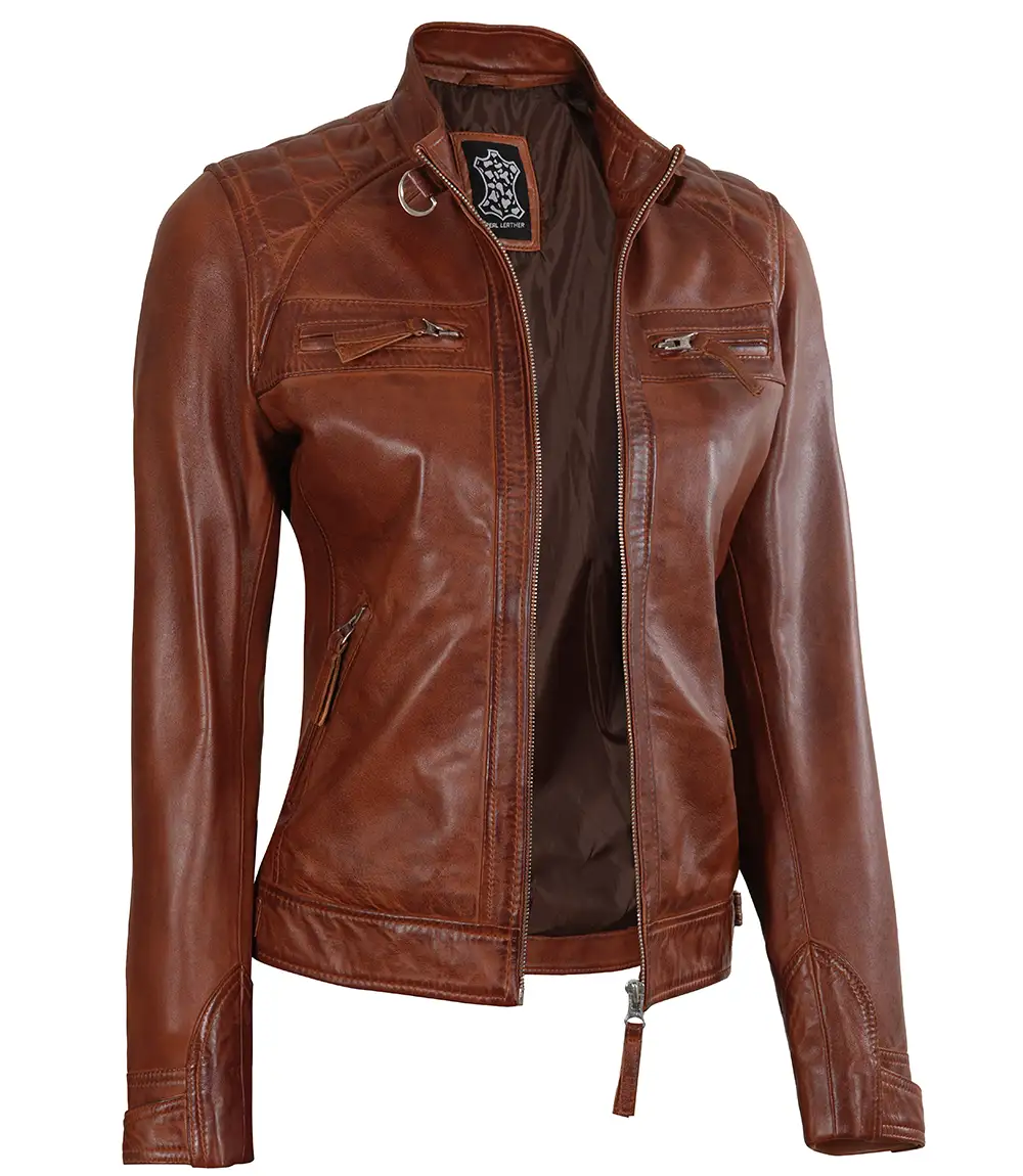 Johnson Women Cognac Quilted Cafe Racer Leather Jacket