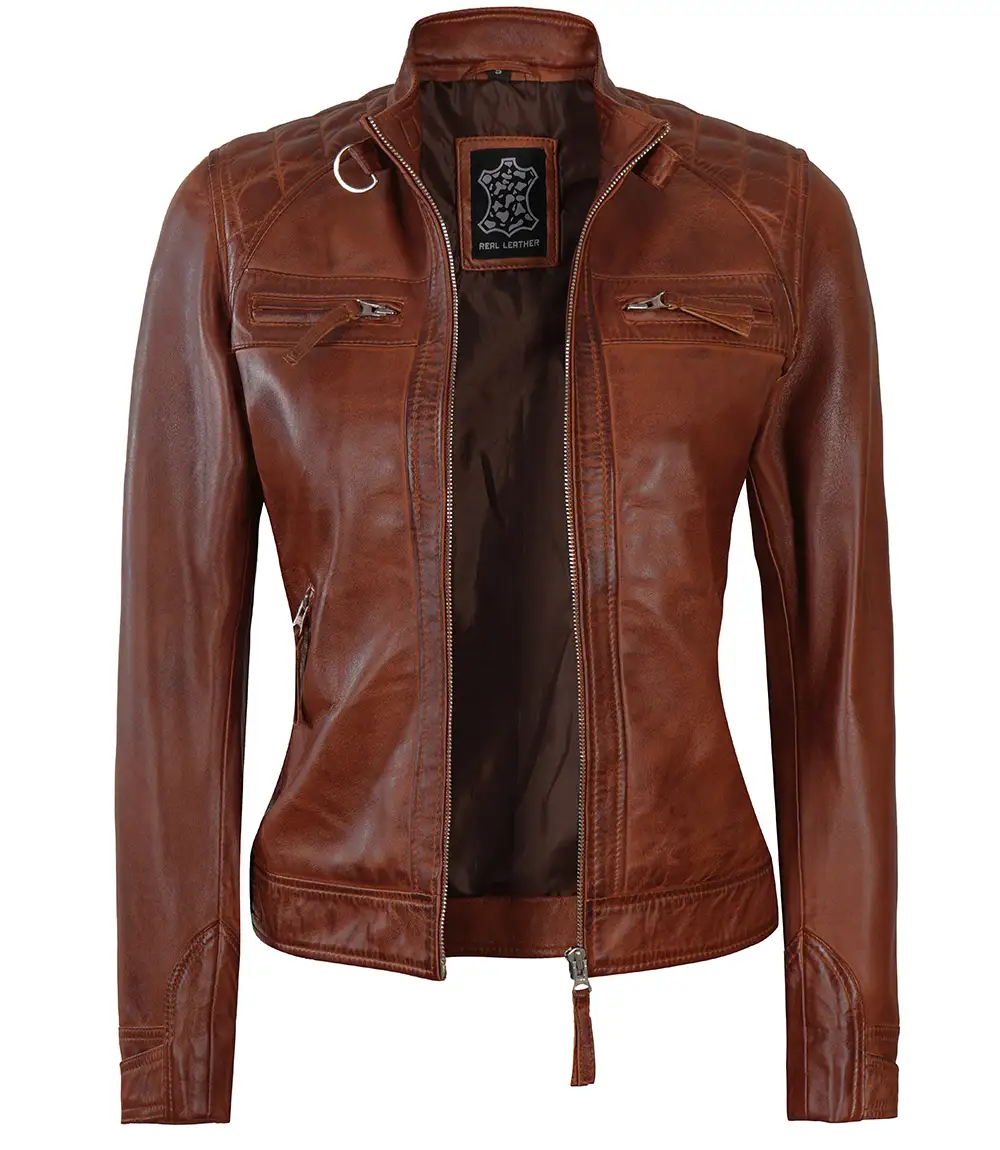 Johnson Women Cognac Quilted Cafe Racer Leather Jacket