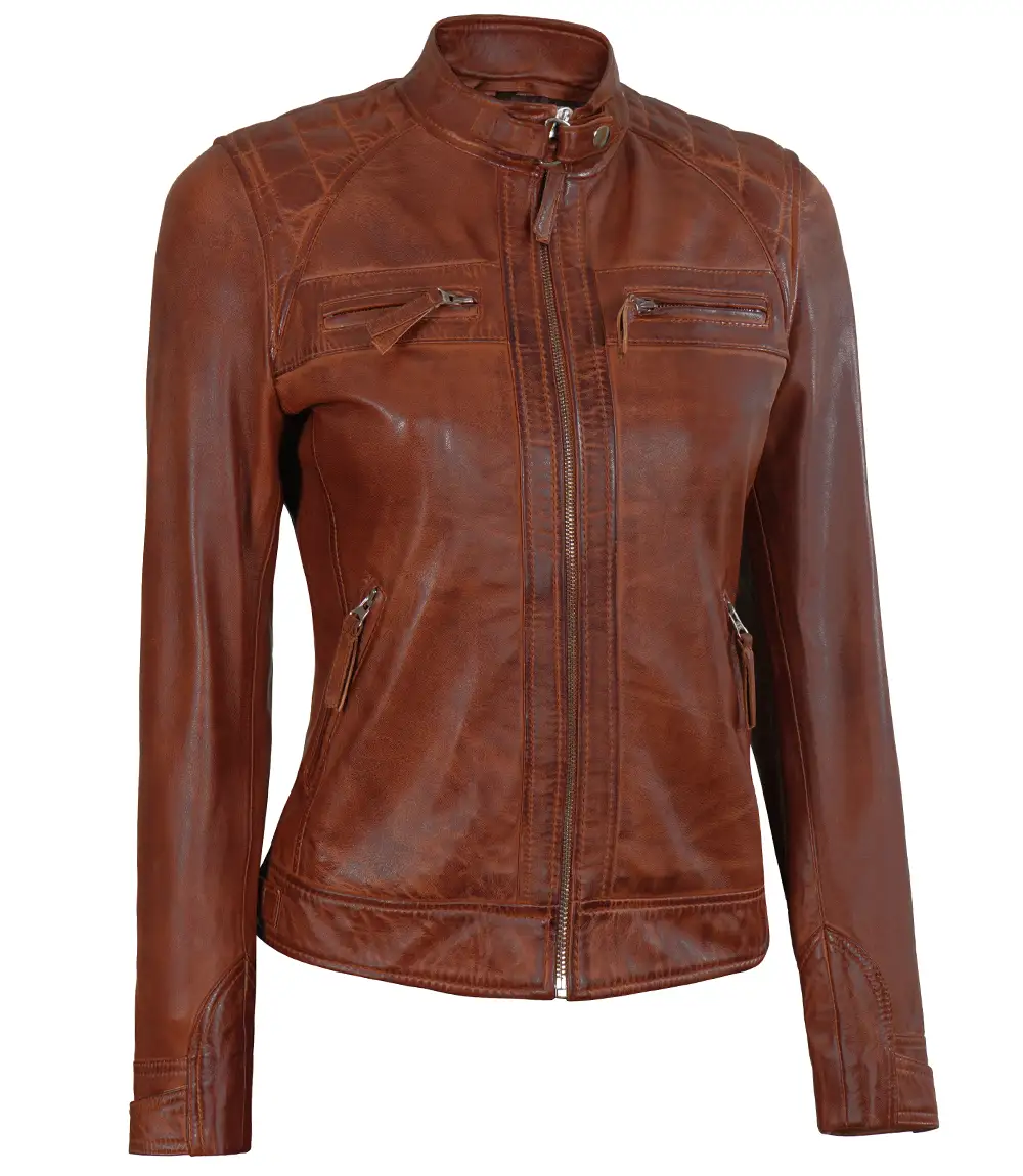 Johnson Women Cognac Quilted Cafe Racer Leather Jacket