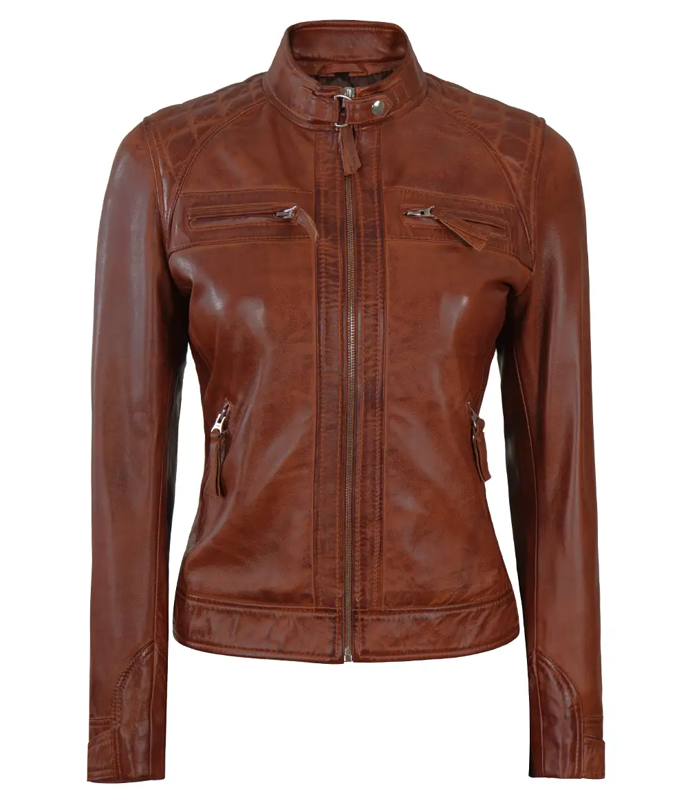 Johnson Women Cognac Quilted Cafe Racer Leather Jacket