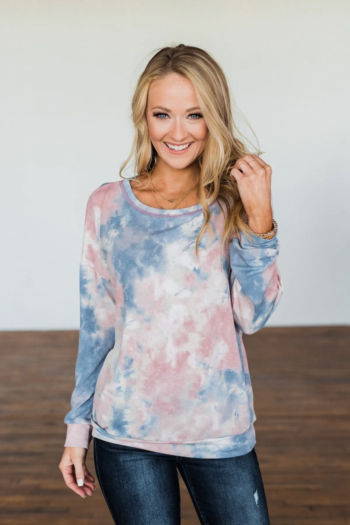 Lost In This Moment Tie Dye Pullover Top- Pink, Blue, Ivory