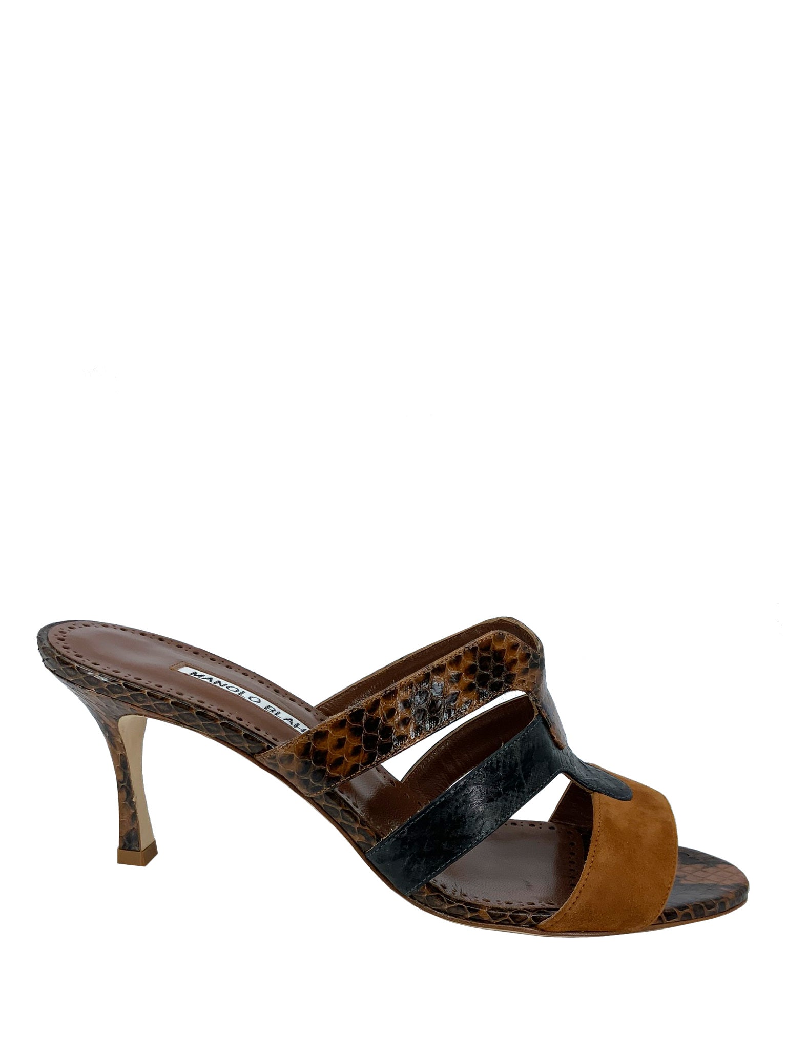 Manolo Blahnik Pennina Brown Suede and Snakeskin Mules Size 9