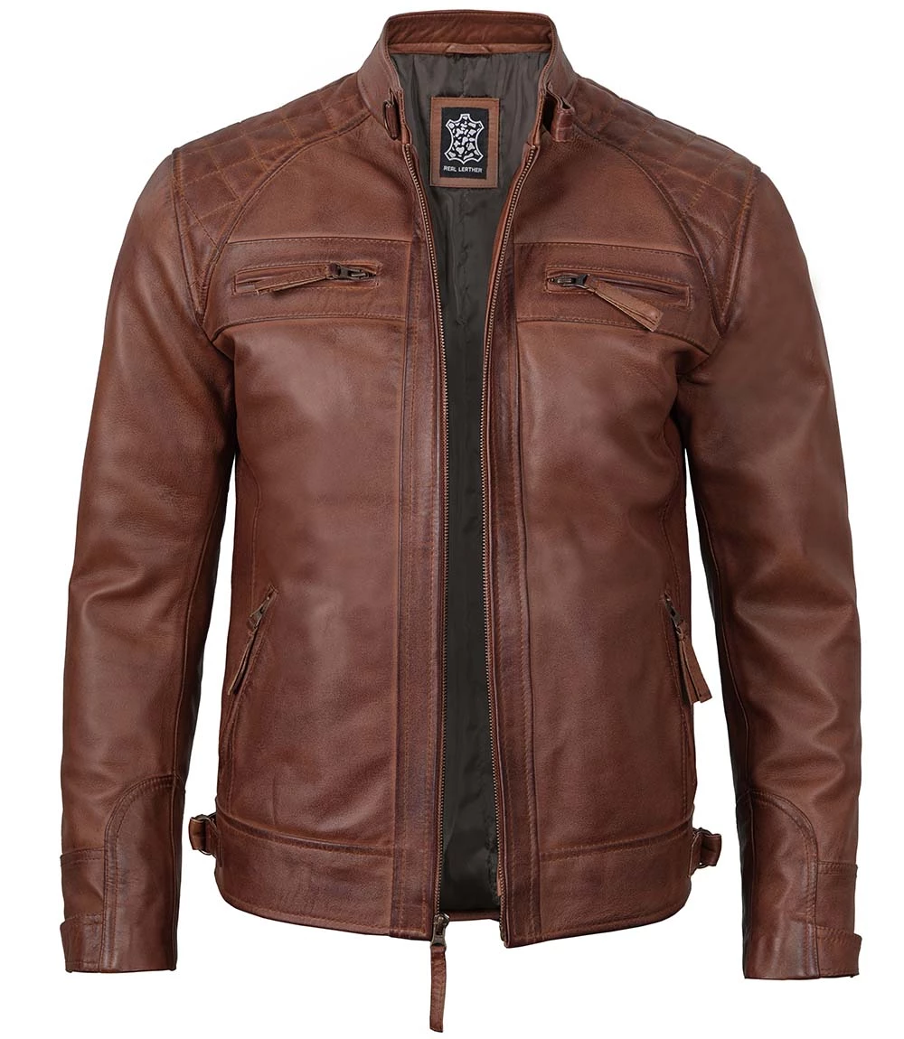 Men's Quilted Cognac Brown Cafe Racer Real Leather Jacket