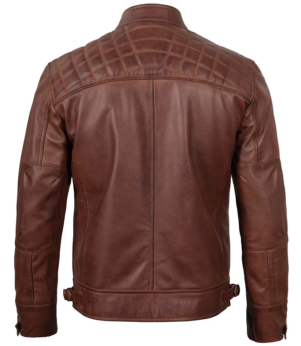 Men's Quilted Cognac Brown Cafe Racer Real Leather Jacket