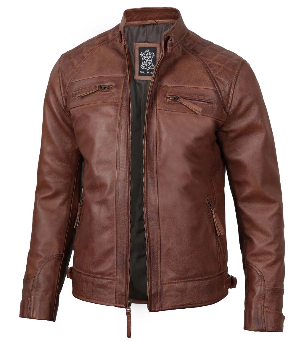 Men's Quilted Cognac Brown Cafe Racer Real Leather Jacket