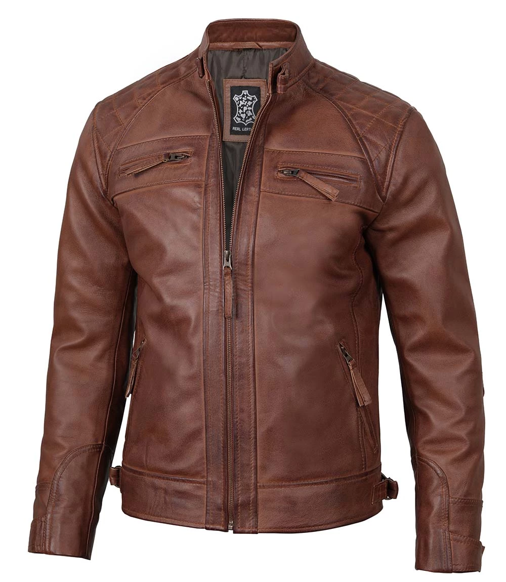 Men's Quilted Cognac Brown Cafe Racer Real Leather Jacket