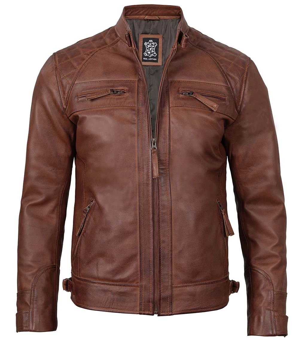 Men's Quilted Cognac Brown Cafe Racer Real Leather Jacket