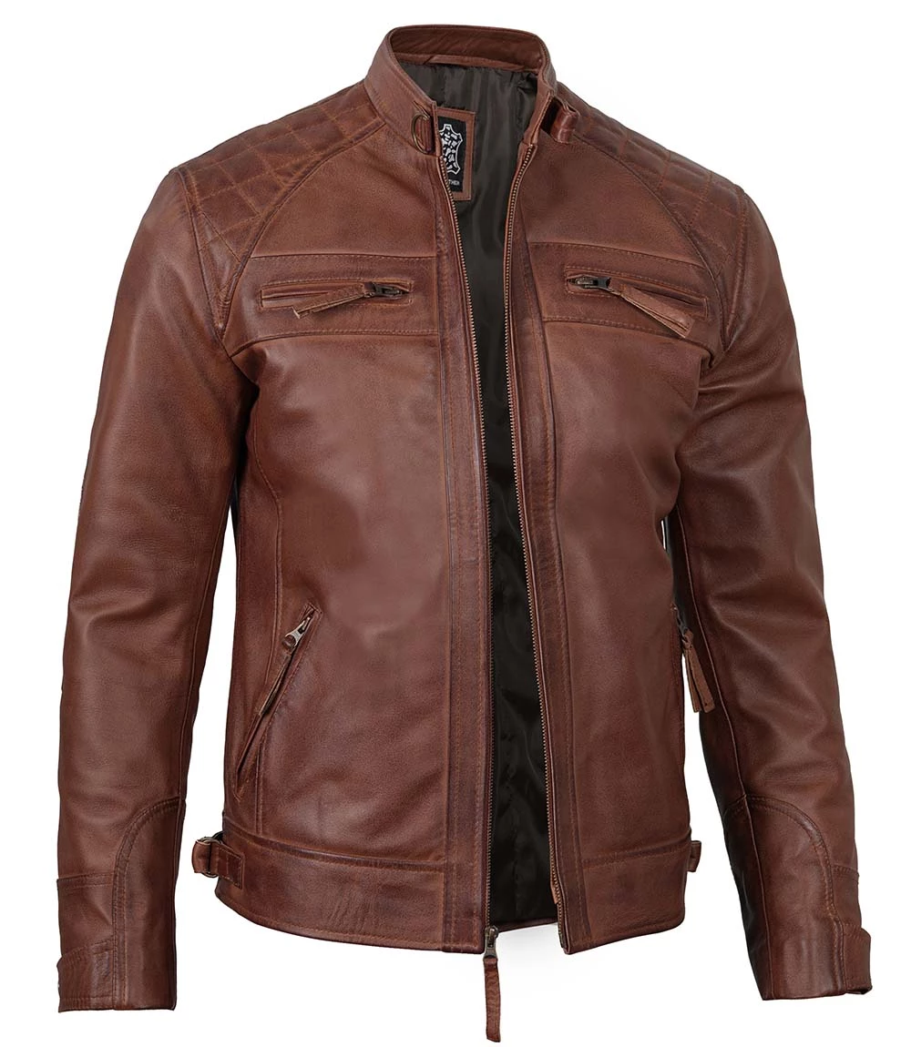 Men's Quilted Cognac Brown Cafe Racer Real Leather Jacket