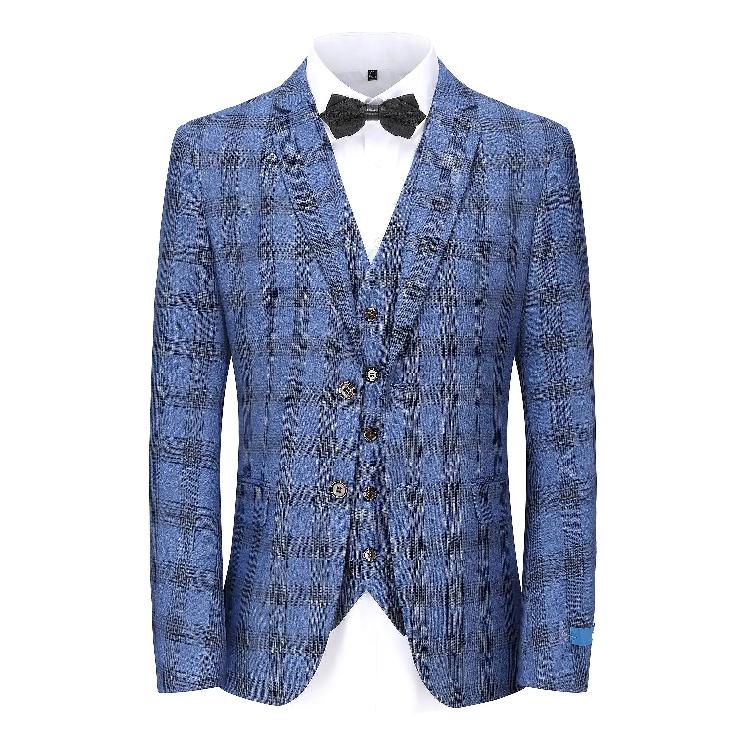 Men's 3-Piece Performance Stretch Slim Fit Blue & Black Plaid Suit