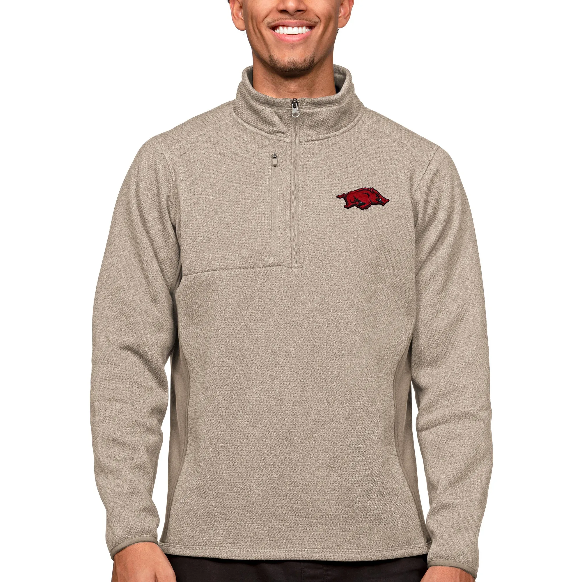 Men's Antigua Oatmeal Arkansas Razorbacks Course Quarter-Zip Pullover Top