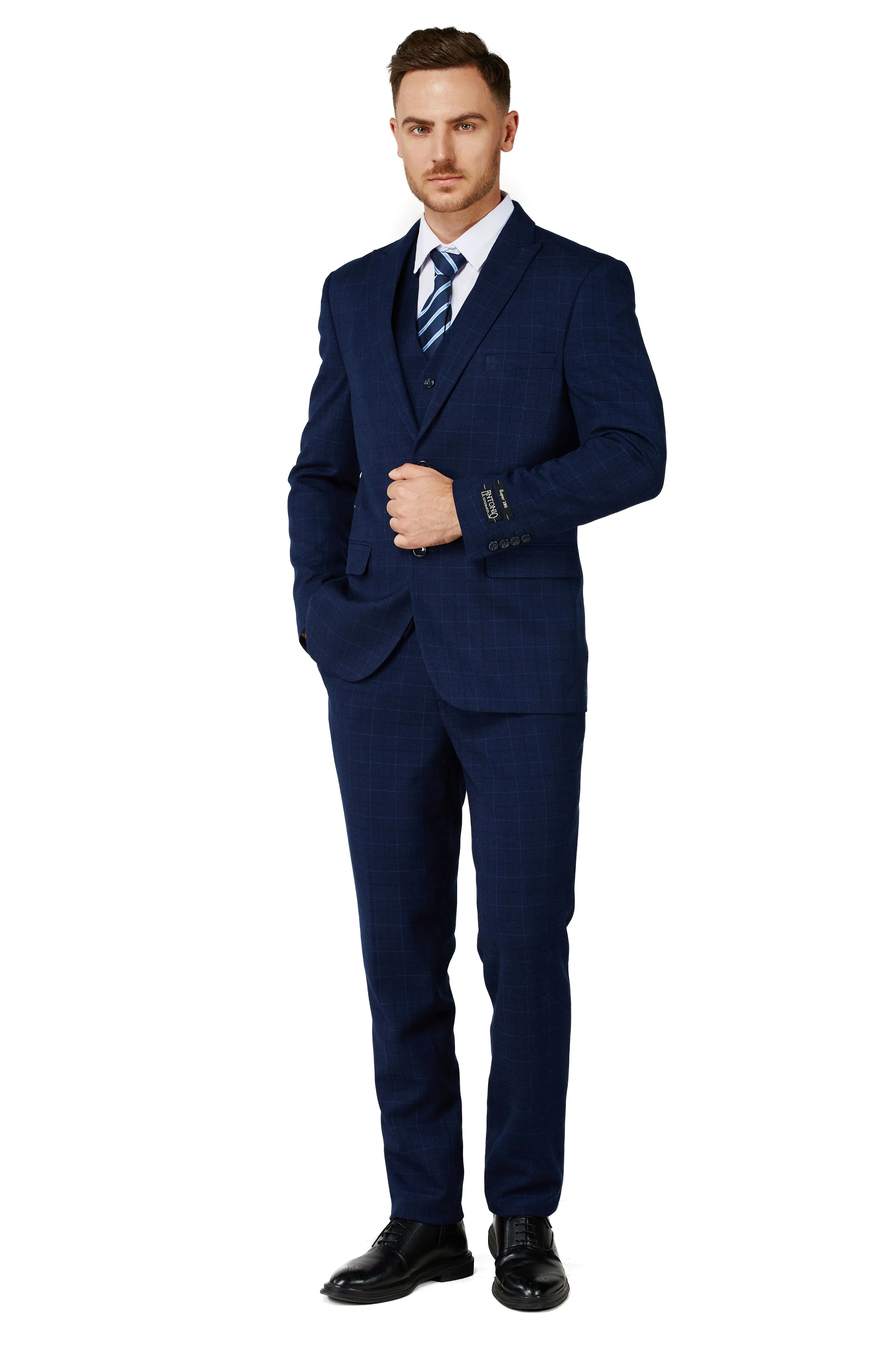 Men's Navy Checker Notched Lapel Suit Slim Fit (3 PCS)