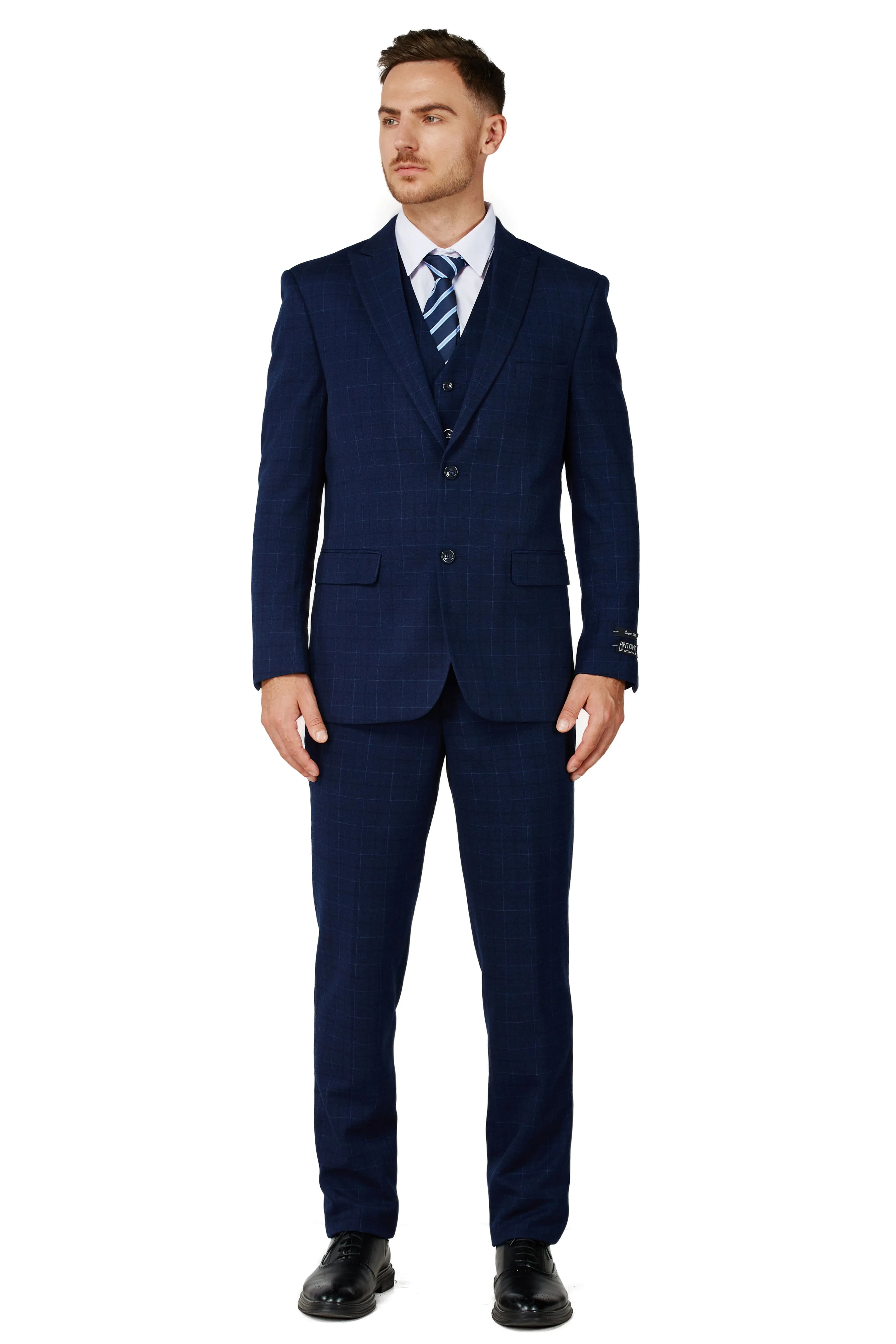 Men's Navy Checker Notched Lapel Suit Slim Fit (3 PCS)