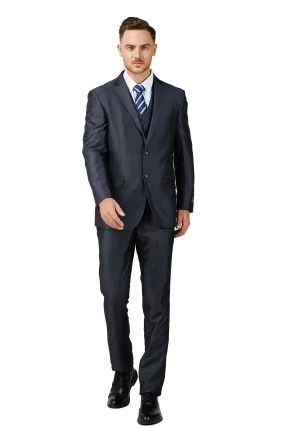 Men's Shiny Charcoal Blue Notched Lapel Suit Slim Fit (3 PCS)