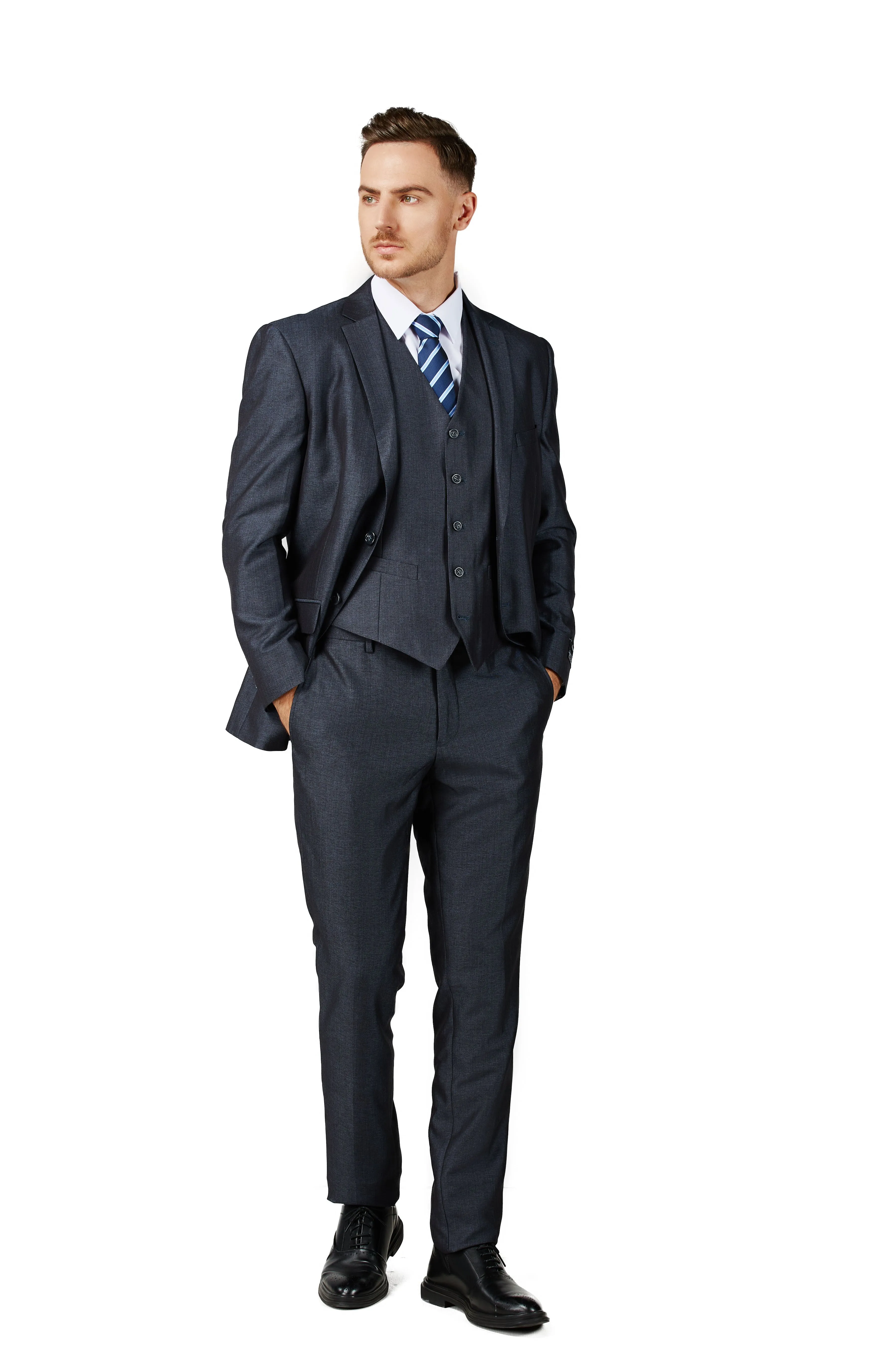 Men's Shiny Charcoal Blue Notched Lapel Suit Slim Fit (3 PCS)