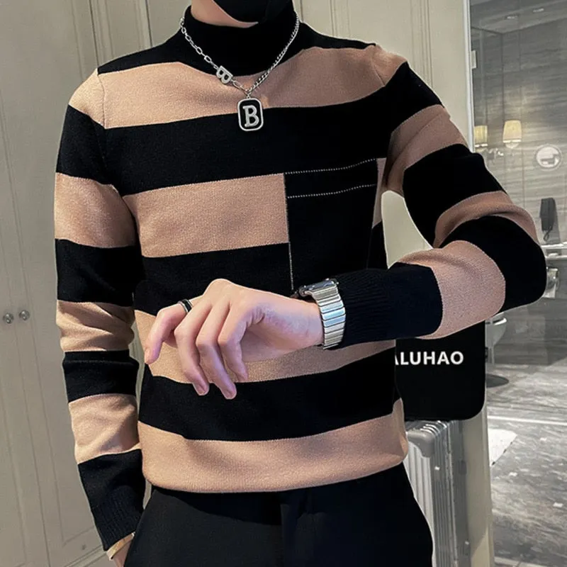 Men's Splicing Half-Striped Knitted Mock Collar Slim Pullover Sweater