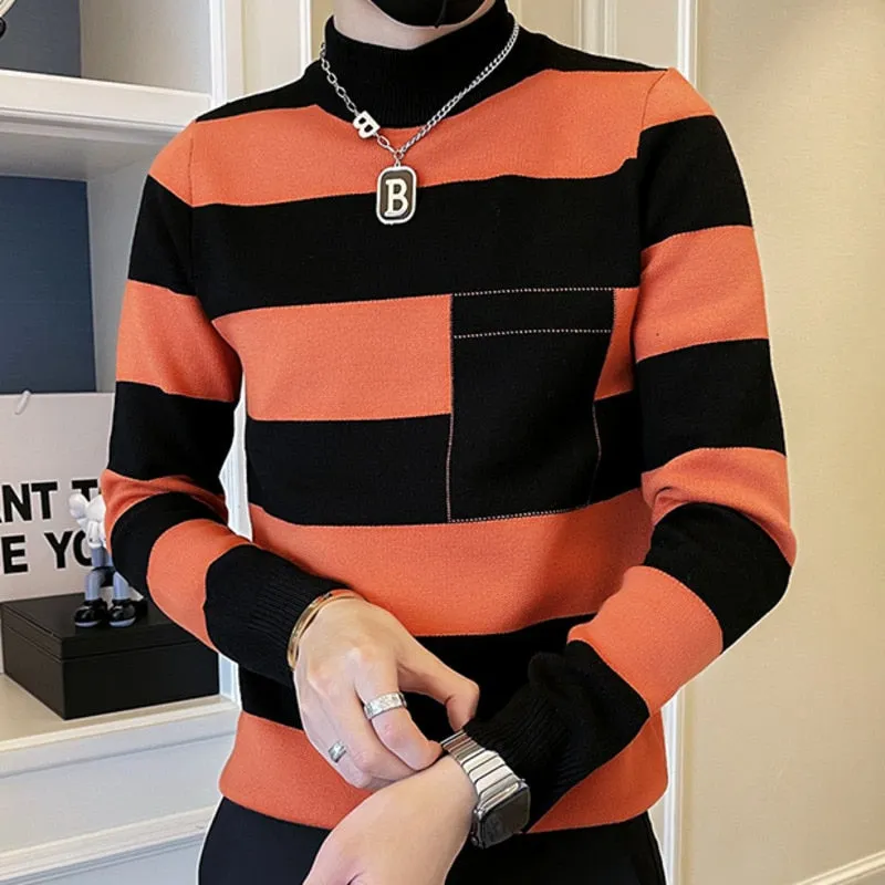 Men's Splicing Half-Striped Knitted Mock Collar Slim Pullover Sweater