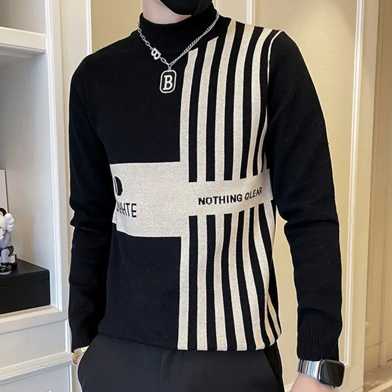 Men's Splicing Half-Striped Knitted Mock Collar Slim Pullover Sweater