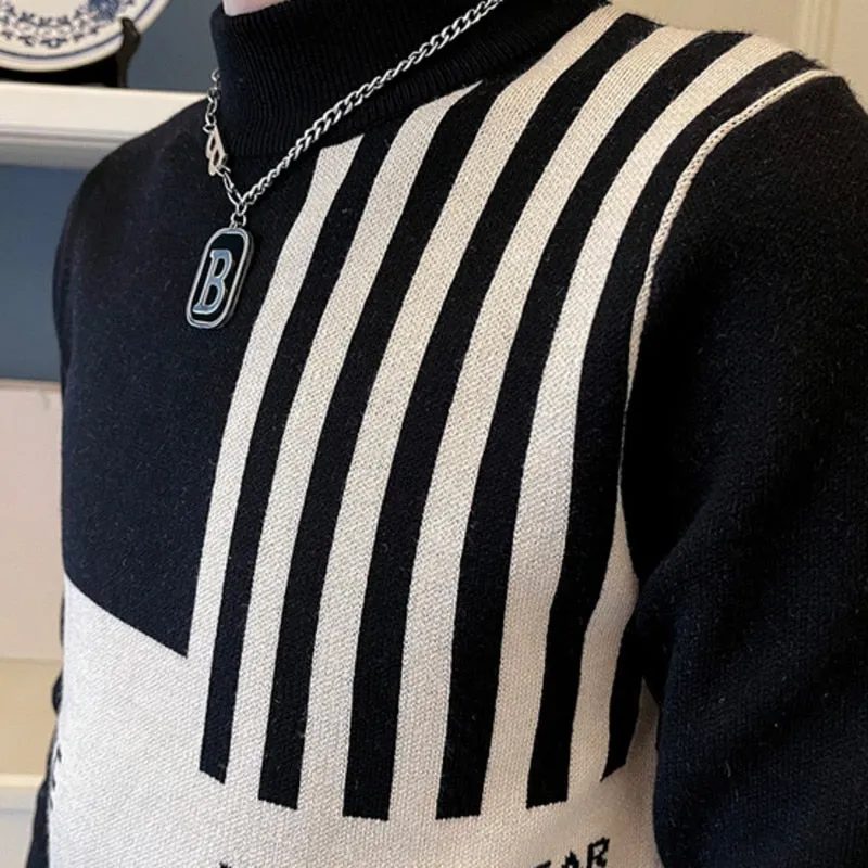 Men's Splicing Half-Striped Knitted Mock Collar Slim Pullover Sweater