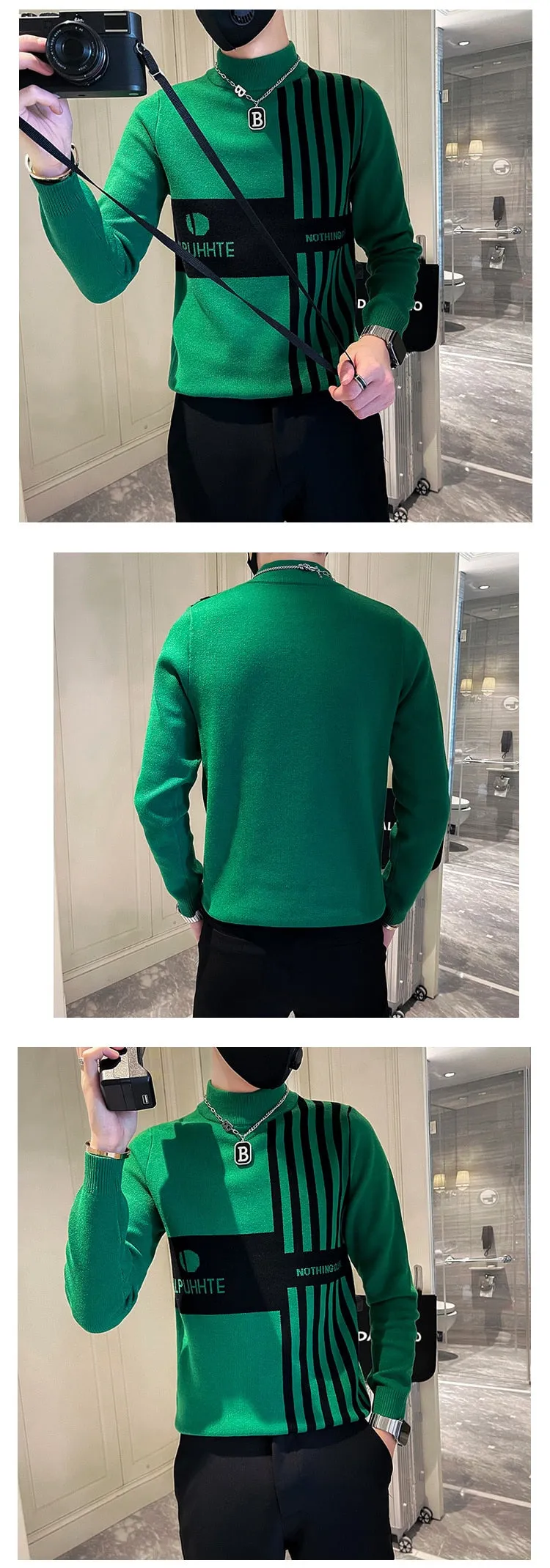 Men's Splicing Half-Striped Knitted Mock Collar Slim Pullover Sweater