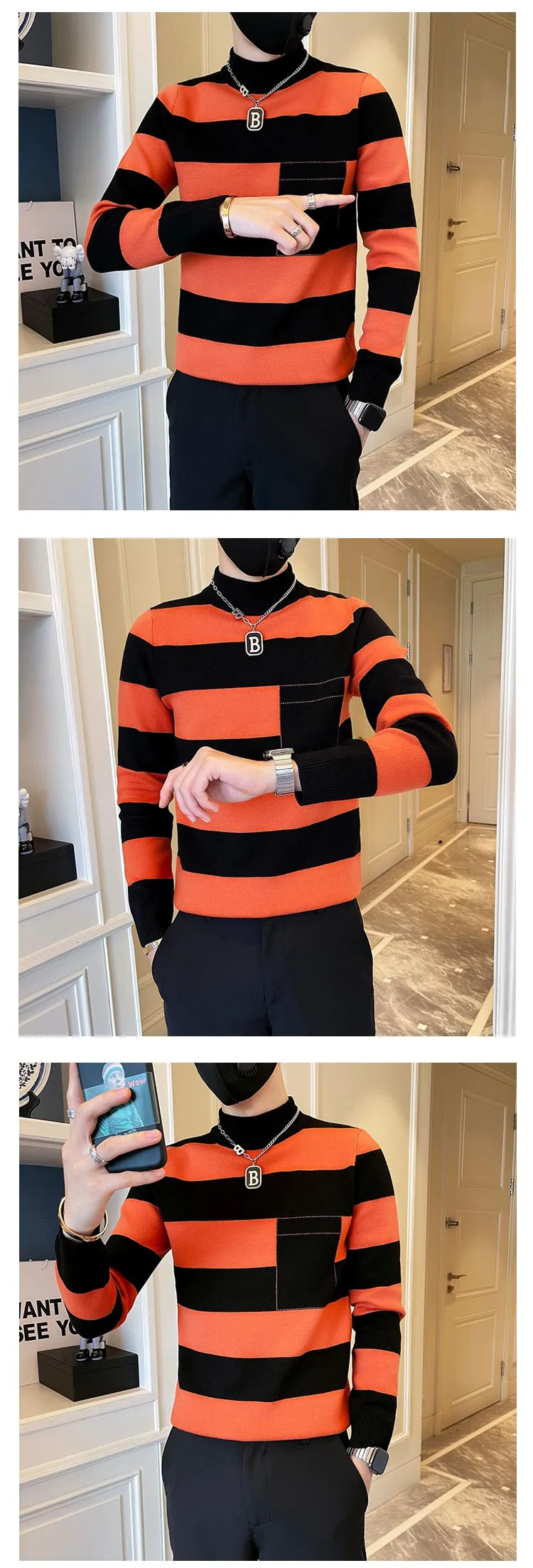 Men's Splicing Half-Striped Knitted Mock Collar Slim Pullover Sweater