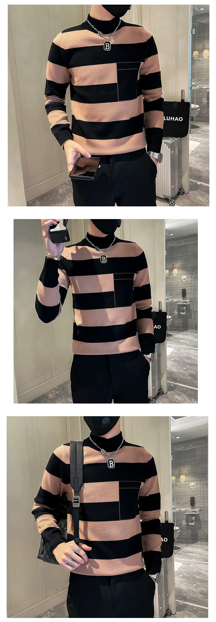 Men's Splicing Half-Striped Knitted Mock Collar Slim Pullover Sweater