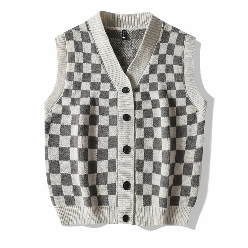 Men's Vintage Hip Hop Hand Knitted Sleeveless Loose Vest V-Neck Jersey