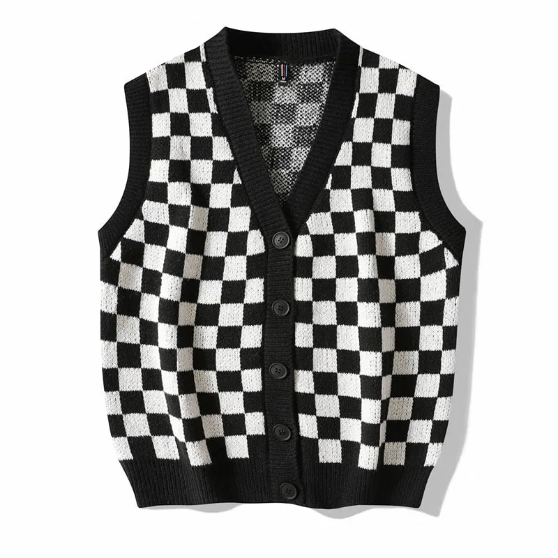 Men's Vintage Hip Hop Hand Knitted Sleeveless Loose Vest V-Neck Jersey