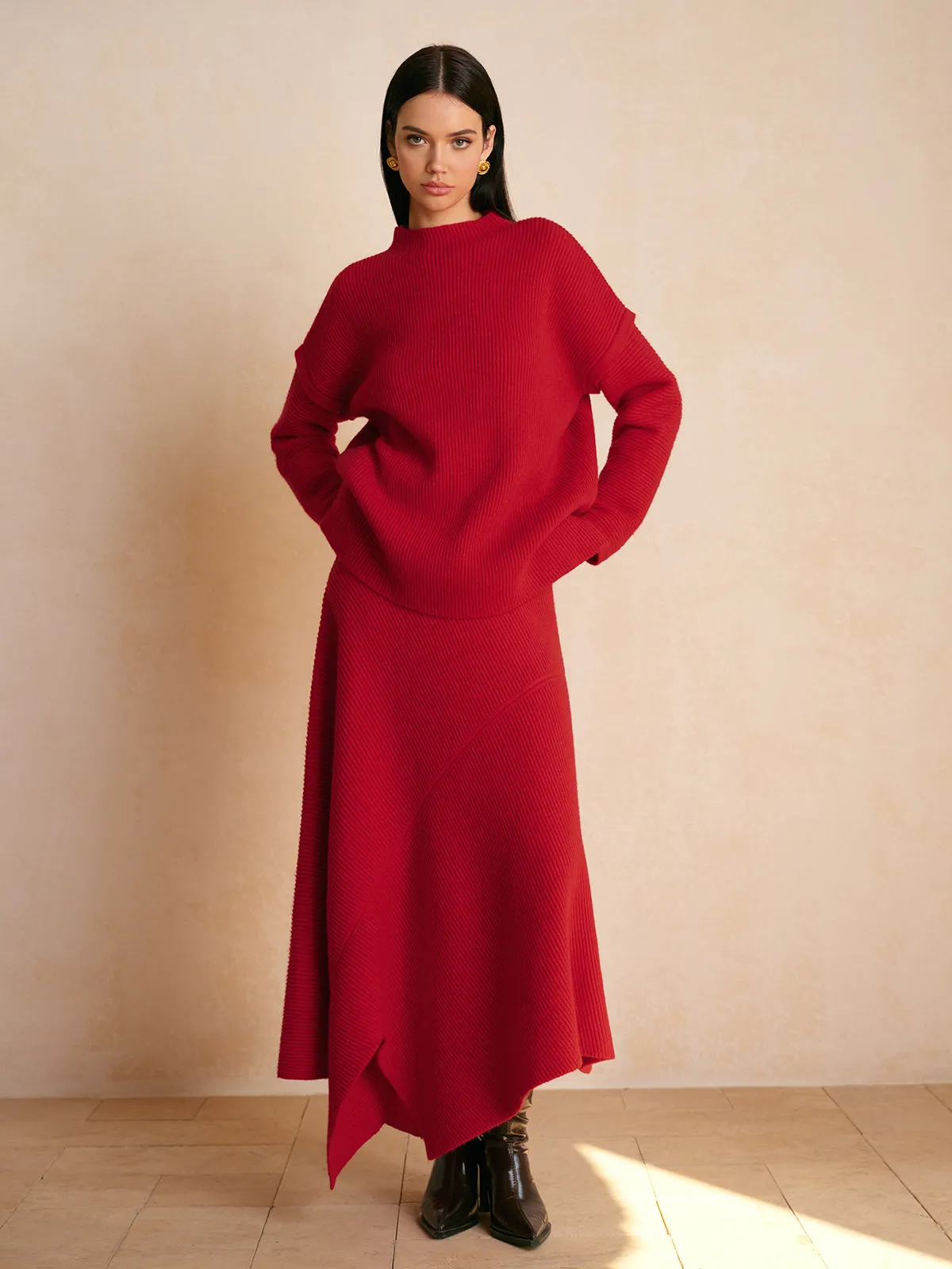 Mid-Waist Asymmetrical Sweater Skirt