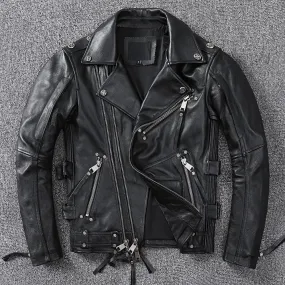 Motorcycle Leather Jacket Men Slim Fit Vintage