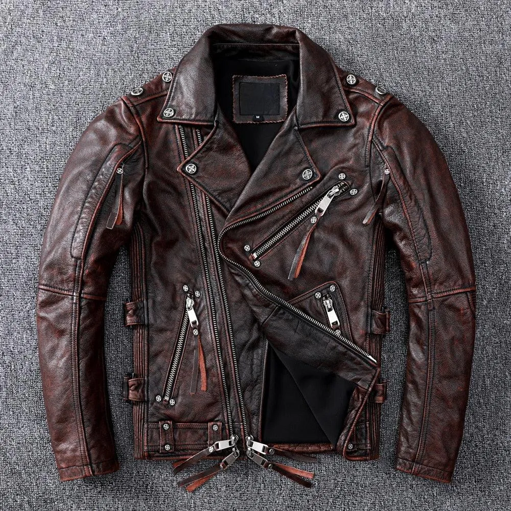 Motorcycle Leather Jacket Men Slim Fit Vintage