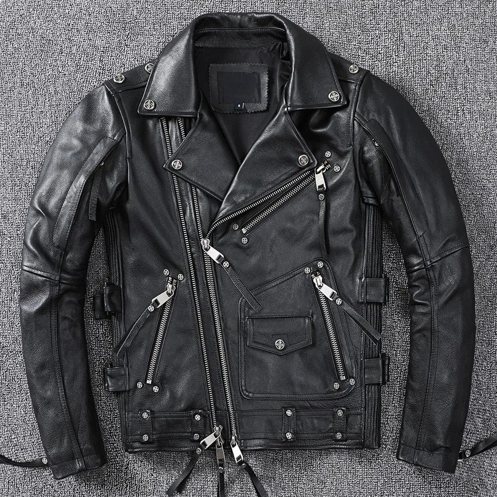 Motorcycle Leather Jacket Men Slim Fit Vintage