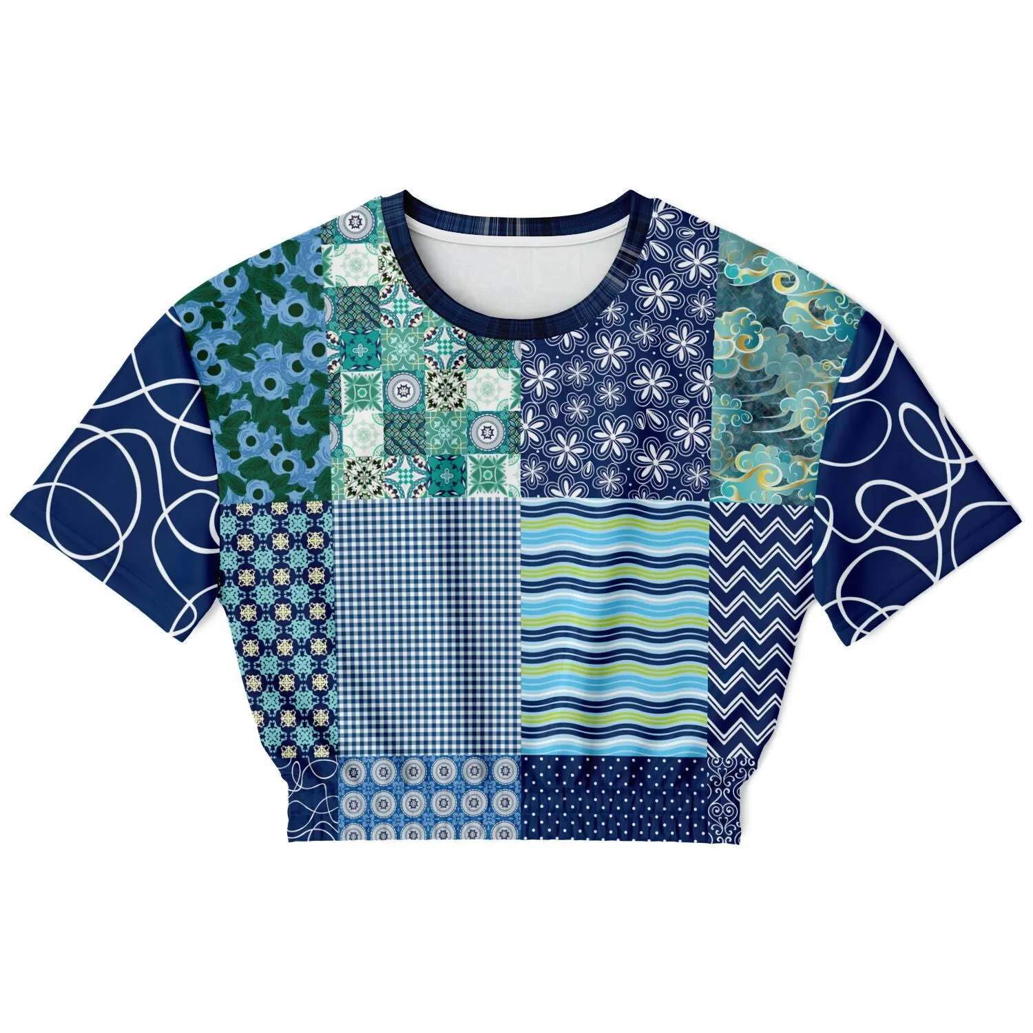 Mykonos Patchwork Print Short Sleeve Cropped Eco-Poly Sweater