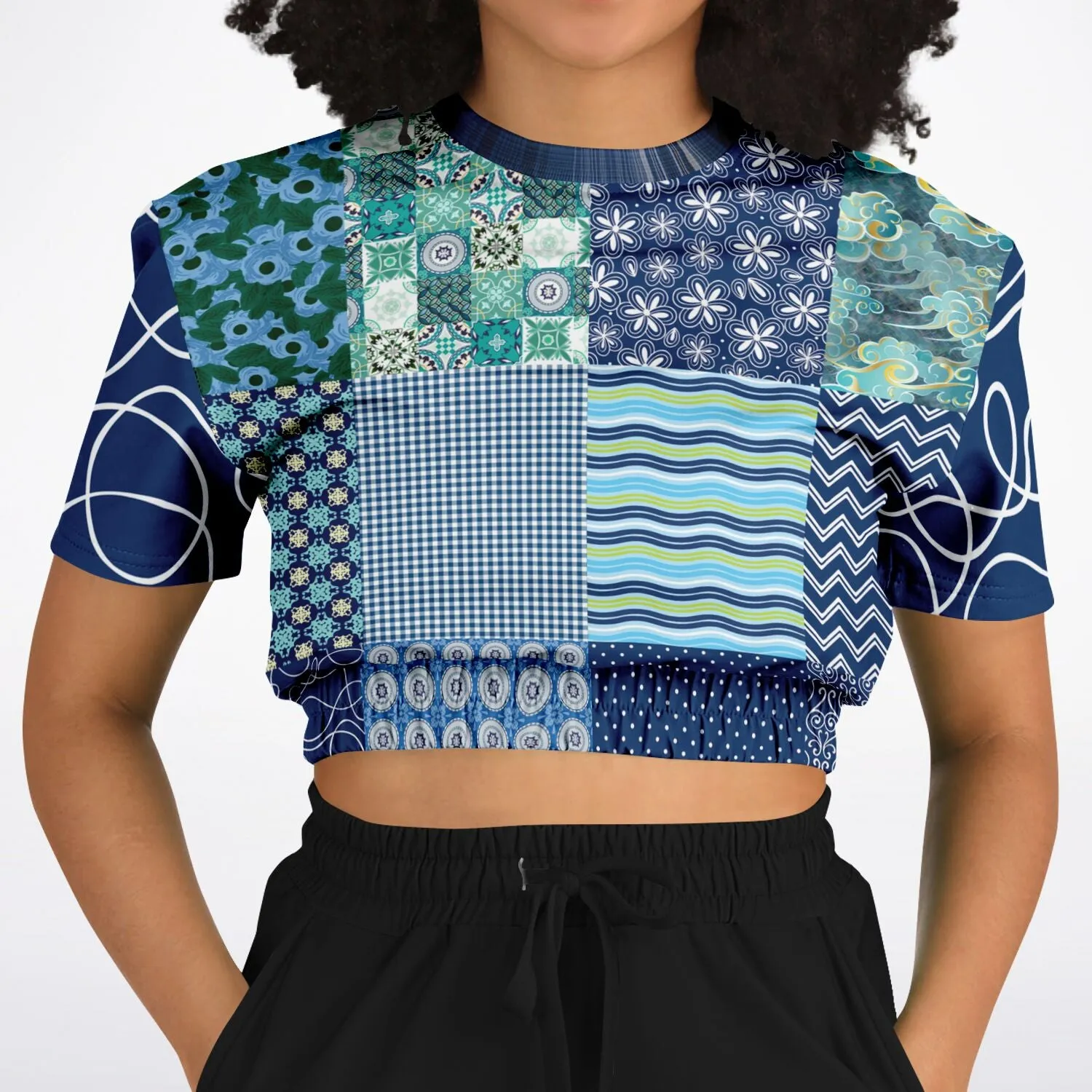 Mykonos Patchwork Print Short Sleeve Cropped Eco-Poly Sweater