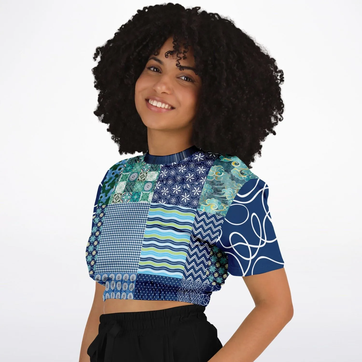 Mykonos Patchwork Print Short Sleeve Cropped Eco-Poly Sweater