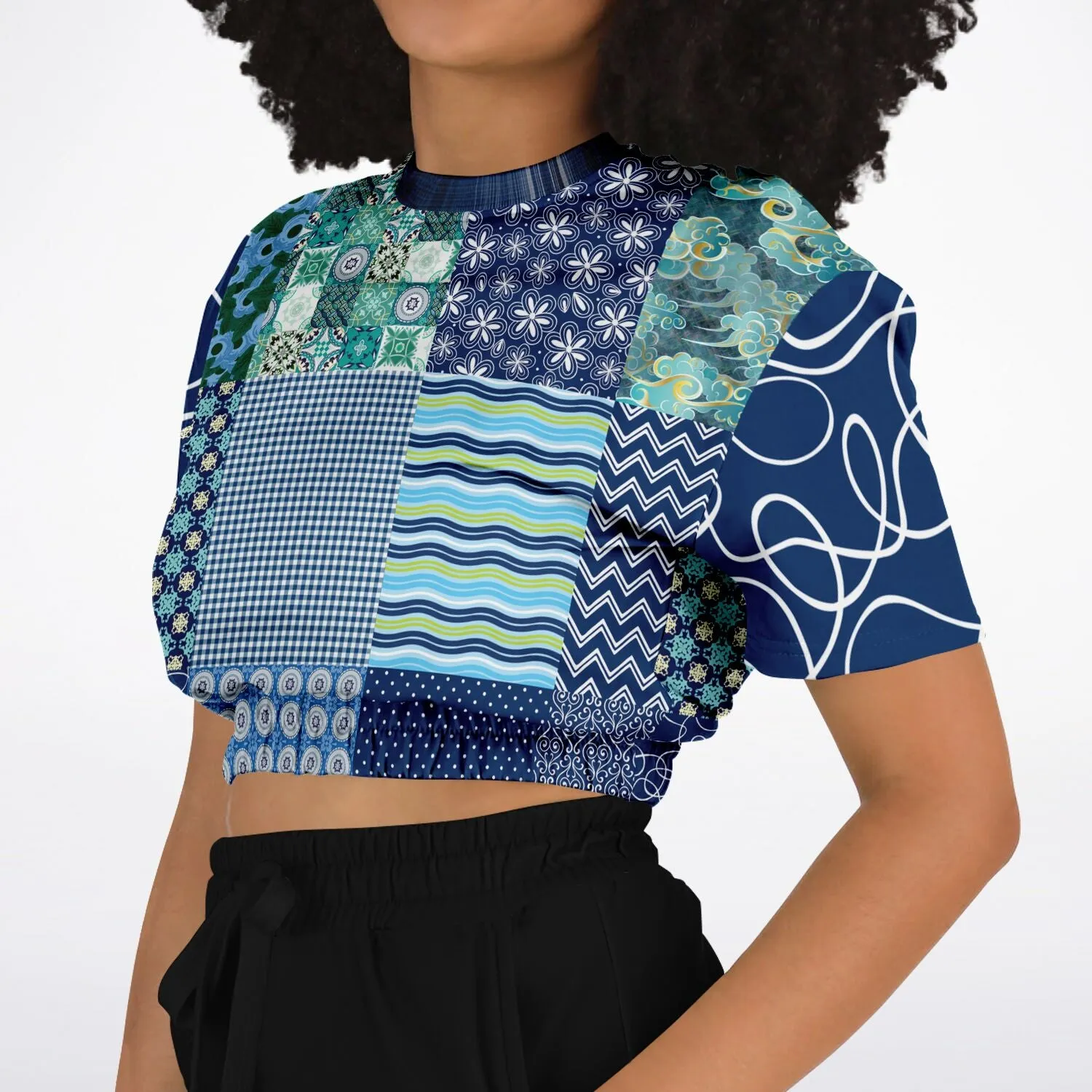 Mykonos Patchwork Print Short Sleeve Cropped Eco-Poly Sweater