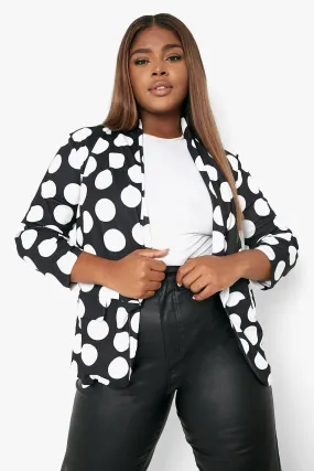 Plus Polka Dot Print Ruched Sleeve Blazer