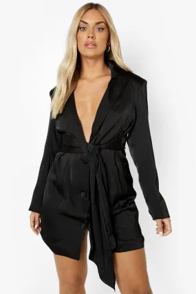 Plus Satin Belted Blazer Dress