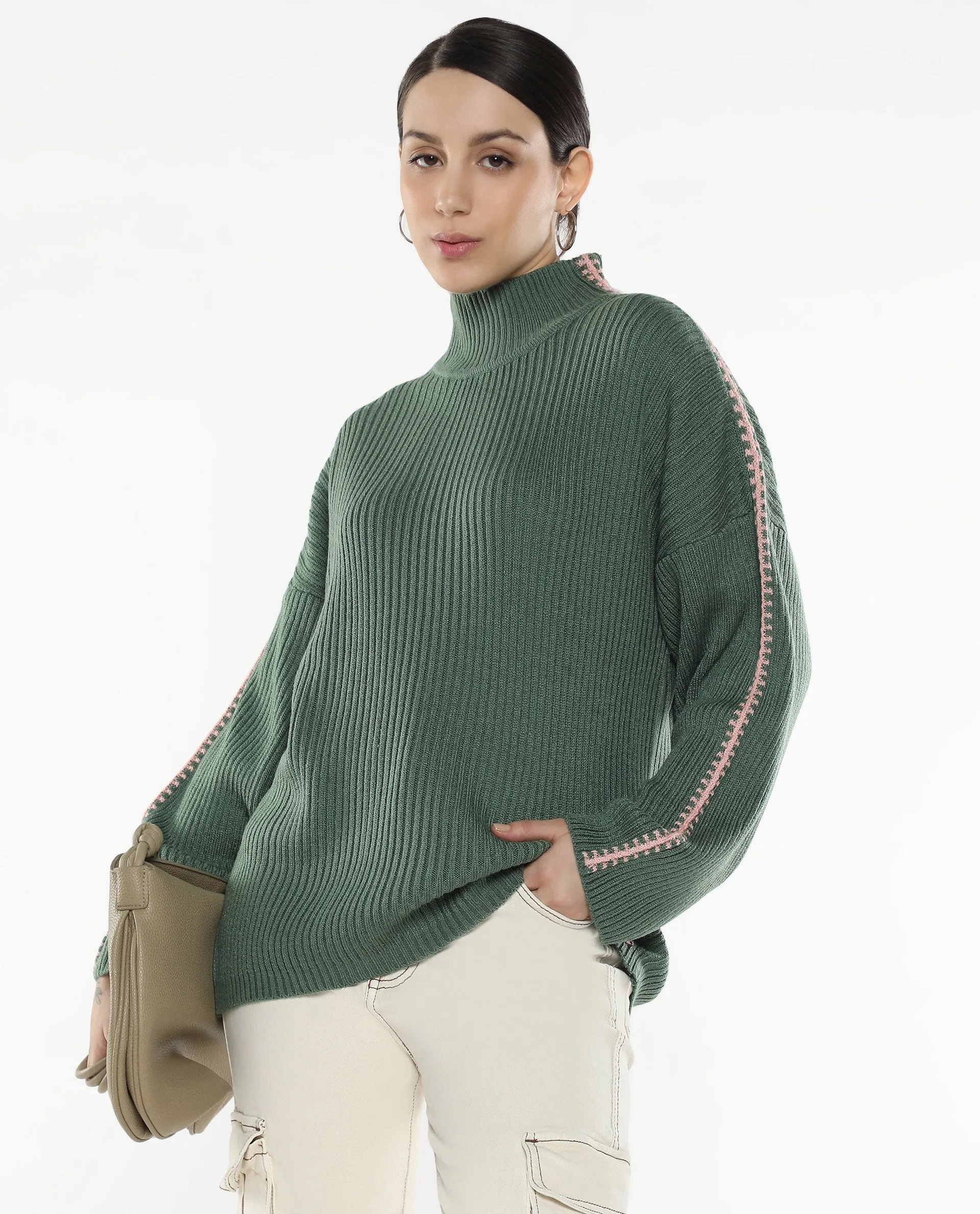 Rareism Women Cassiopiea Olive Acrylic Fabric Relaxed Fit Plain Sweater