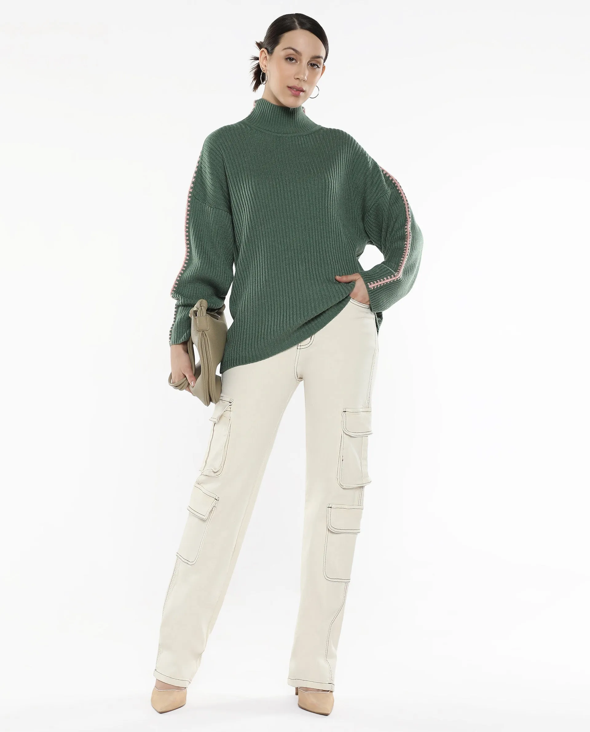 Rareism Women Cassiopiea Olive Acrylic Fabric Relaxed Fit Plain Sweater