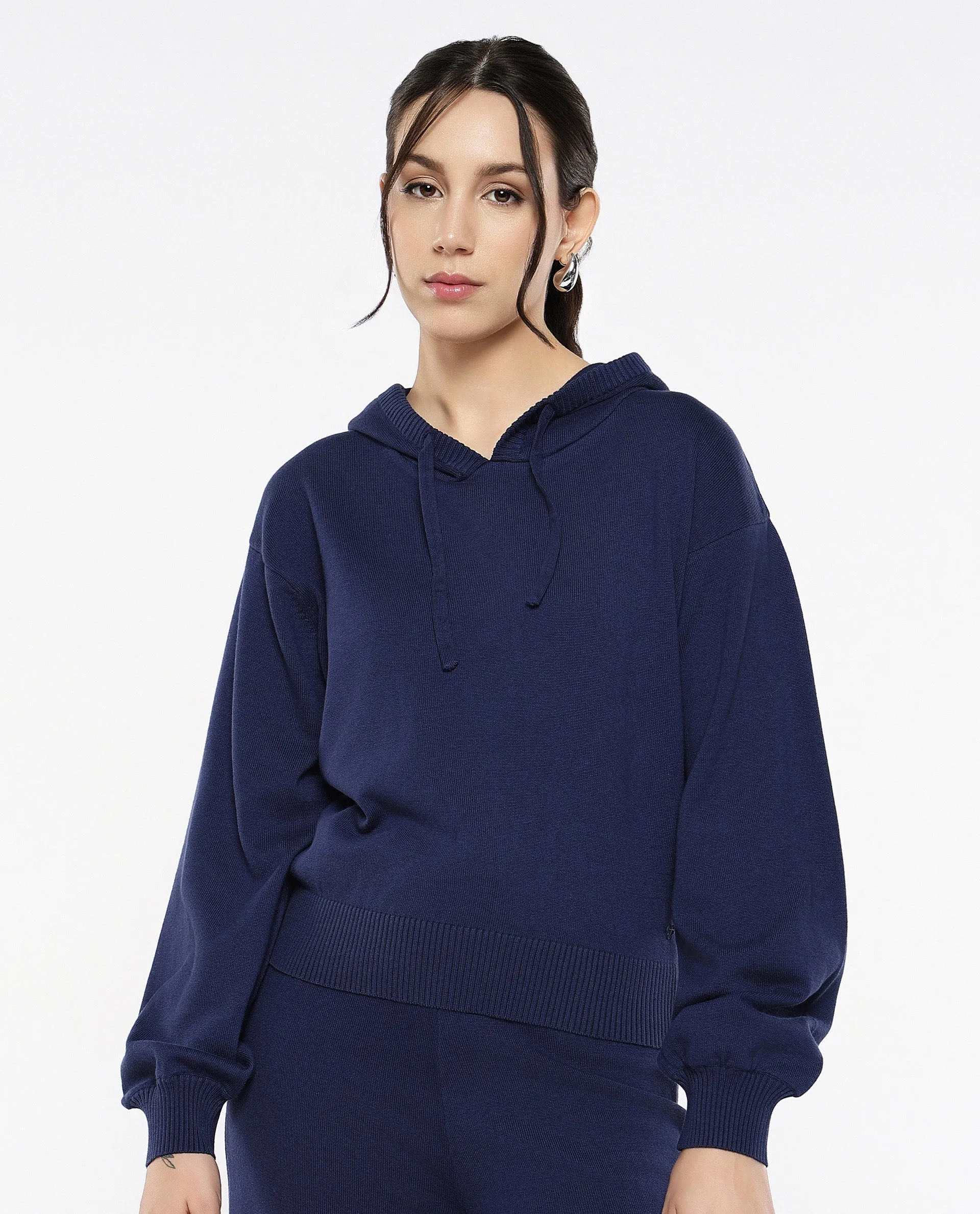 Rareism Women Finnet T Navy Plain Hooded Plain Sweater